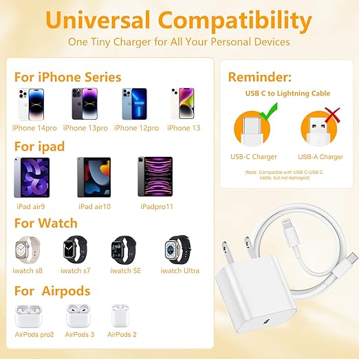 (6ft+10ft) iPhone Charger Fast Charging for iPhone 14 13 12 Fast Charger,20W USB C Wall Charger with Type C to Lightning Cord for i Phone 13/14/12 Pro Max Plus/11,iPad-2Pack