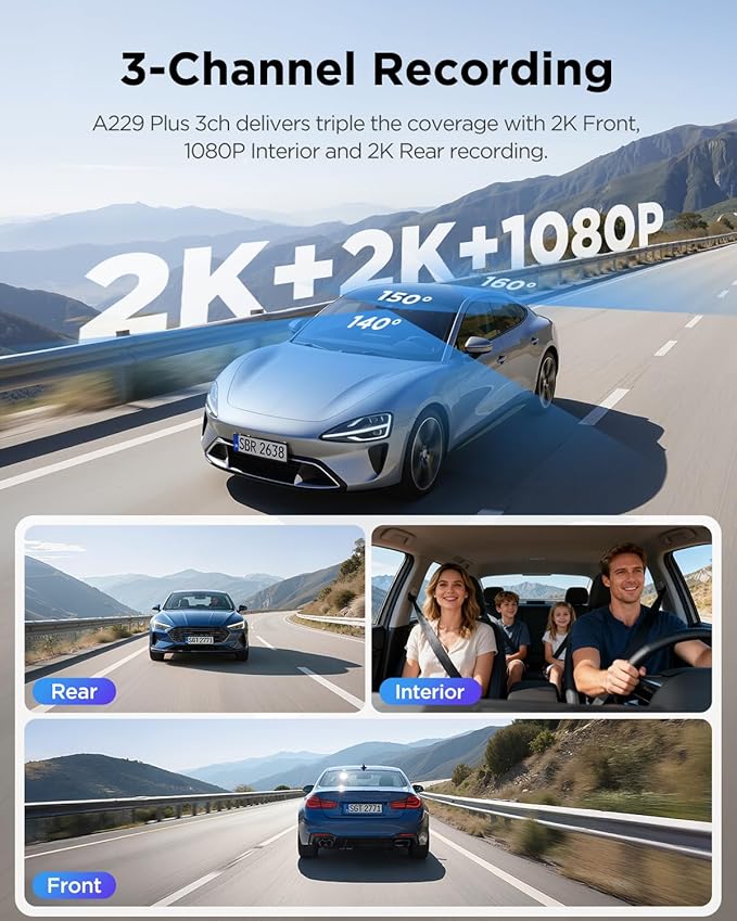 VIOFO A229 Plus 3 Channel Dash Cam, Dual STARVIS 2 Sensors, 3-Channel HDR, 1440P+1440P+1080P Front Inside and Rear Car Camera, 5GHz Wi-Fi, Voice Control, Ultra-Precise GPS, 24 Hours Parking Mode