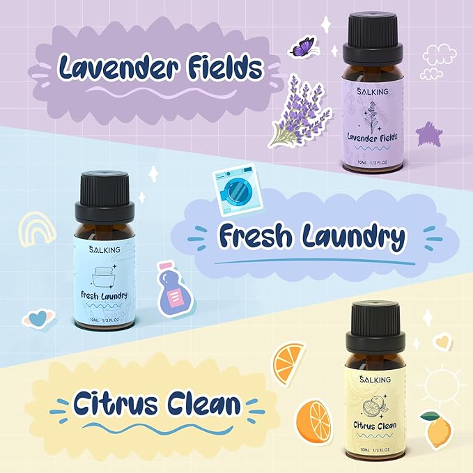 SALKING Laundry Fragrance Oils, Premium Essential Oil for Diffuser, Scented Oil Gift Set for Soap Candle Making - Citrus Clean, Fresh Laundry, Fresh Linen, Lavender Fields, Still Breeze, Minty Fresh