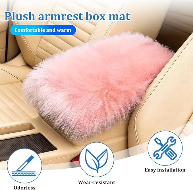Car Center Console Cover, Fluffy Soft Vehicle Middle Console Arm Rest Cushion Pad, Furry Automotive Interior Armrest Seat Box Protector Decoration Accessories, Universal Fit (Light Pink)