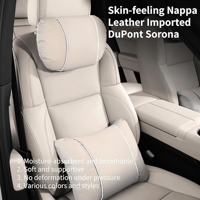 Car Headrest & Lumbar Support Set,Premium Skin-Feeling Napa Leather Soft and Comfortable Headrest,Car Seat Headrest Pillow Waist Support Car Interior Accessories for Driving Home Office
