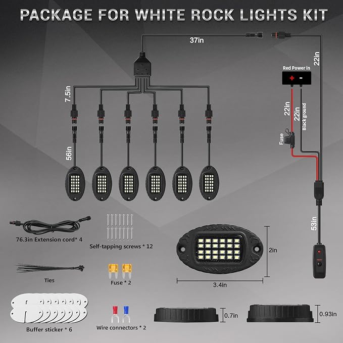 6 Pods Metal LED White Rock Lights for ATV SUV UTV RZR Car Trailer Truck Offroad, Alloy 6000K 24 LEDs Pure White Neon Underglow Light with Switch Extension Harness Under Trail Rig Fender Lighting