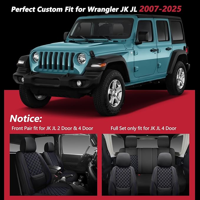 Wrangler Seat Covers 2007-2026 Full Set, Waterproof Leather Interior Sets with Lumbar Support Custom Fit for Jeep Wrangler JK JL 4 Door Unlimited Sahara/Sport/Rubicon X 392 Willys, Black Blue