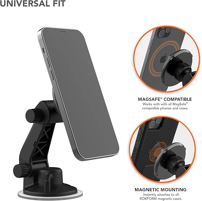 ROKFORM - Adjustable Magnetic Windshield Phone Holder, Compatible with MagSafe Phone Cases and Cases, Strong Suction Cup, 210° Tilt, 360° Rotation