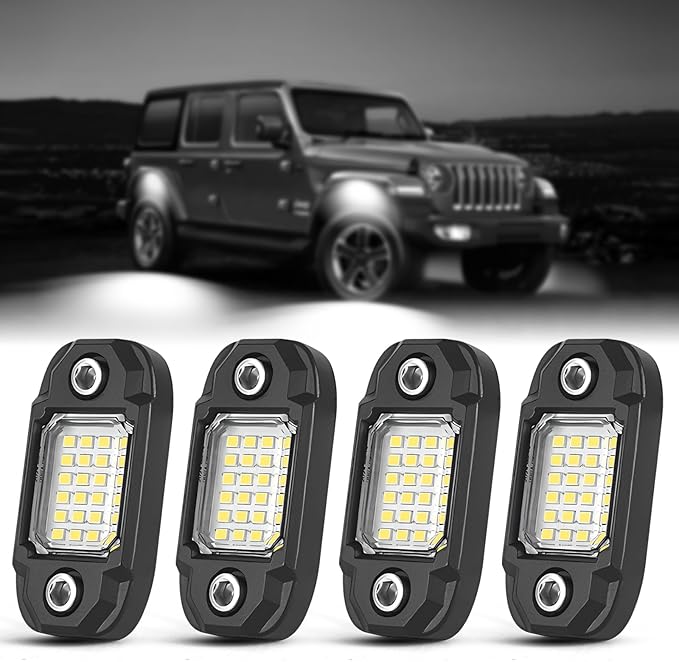 4 Pods White Rock Lights 24 LEDs Chips Waterproof Neon Trail Rig Lamp Underglow Light for Car Truck Motorcycle SUV ATV UTV (White)