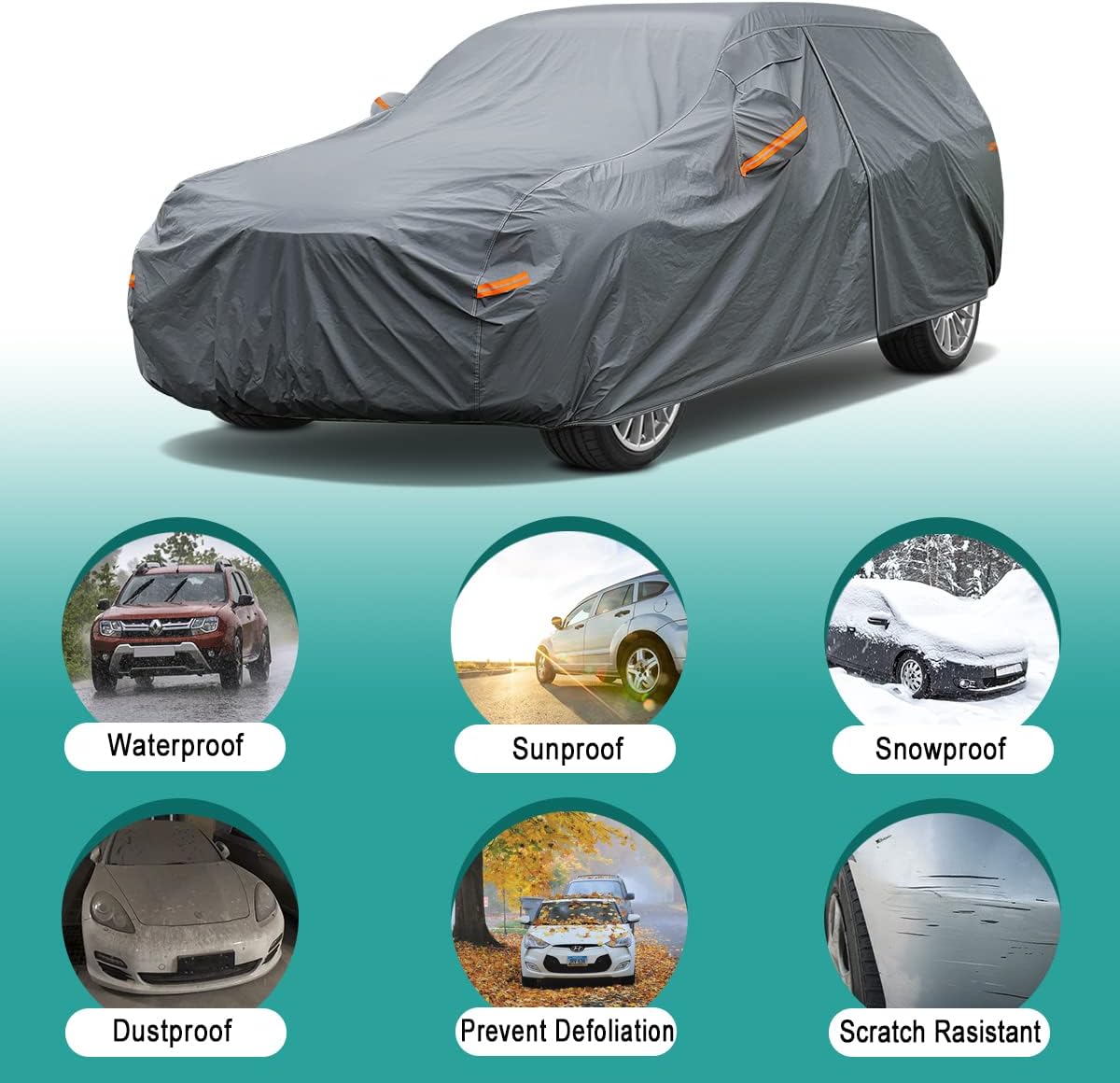 16 Layers Heavy Duty SUV Car Cover Waterproof All Weather, Universal Fit Ford Explorer, Toyota Highlander, Kia Telluride, Hyundai Palisade, Honda Pilot, Dodge Durango, GMC Acadia etc.