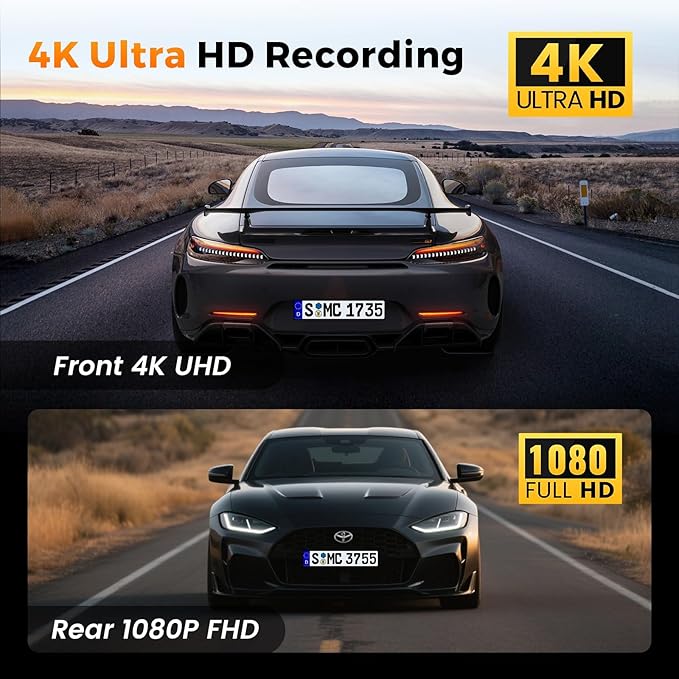 4K+1080P Dash Cam Front and Rear,64GB Card Included,5.8GHz WiFi Dash Camera for Cars,App up to 20MB/s Fastest Download,G-Sensor,Night Vision,24h Parking Monitoring,Loop Recording,170° Wide Angle