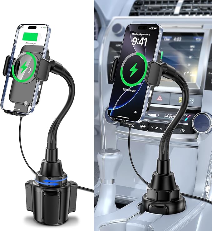 Cup Holder Phone Mount, [Auto Clamping] 2 in 1 Wireless Car Charger Holder Fast Charging, 15W with Quick Extension Long Arm, Fast Swivel Adjustable, 360° Rotatable for iPhone 17/16/15/14/13/12 pro/12