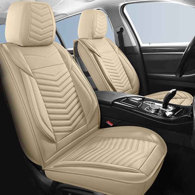 Nappa Leather Car Seat Covers Full Set, Beige Car seat Protector 5 Seats, Waterproof Car Seat Cushion, Universal Automotive Seat Covers Fit for SUV Truck Pick-up Sedan, Front and Rear