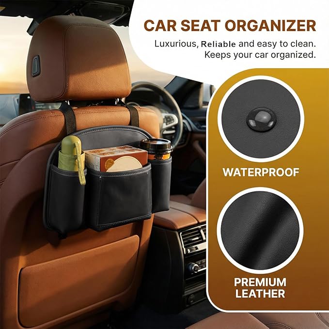Craedli 3 in 1 Car Back Seat Organizer with Cup Holder & Hook, Multifunctional Car Seat Back Storage Box for Hold Phone Drinks Handbag, Auto Interior Organizer Travel Accessory with Tissue Box (Black)