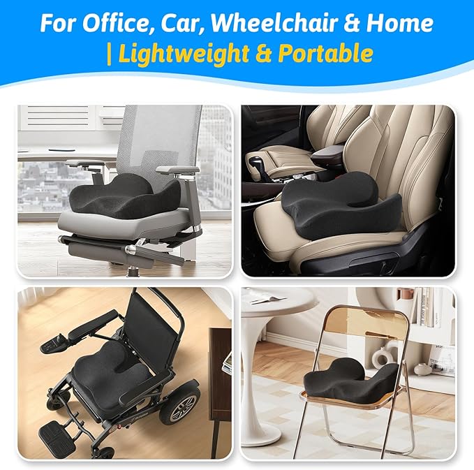 Seat Cushion for Tailbone & Sciatica Pain Relief - Plush Yet Supportive Ergonomic Memory Foam Chair Cushions for Office Chair, Car, Wheelchair,Airplane & Long Sitting (Gray)