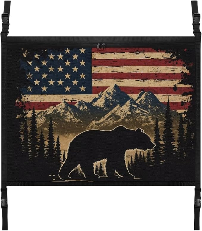 Generic American Flag Bear Car Ceiling Cargo Net-Fits Cars with Four Handles,Non-Blocking Rearview Mirror,Double-Layer Interior Roof Cargo Bag for Travel Road Trips and Car Camping 31.69"x24.02"