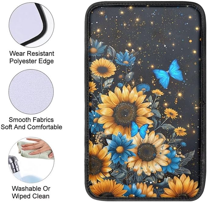 Dreaweet Car Center Console Cover Sunflower Butterfly Print Car Accessories for Women Universal Armrest Cover for Car Center Console,Car Armrest Seat Box Cover Protector,Black