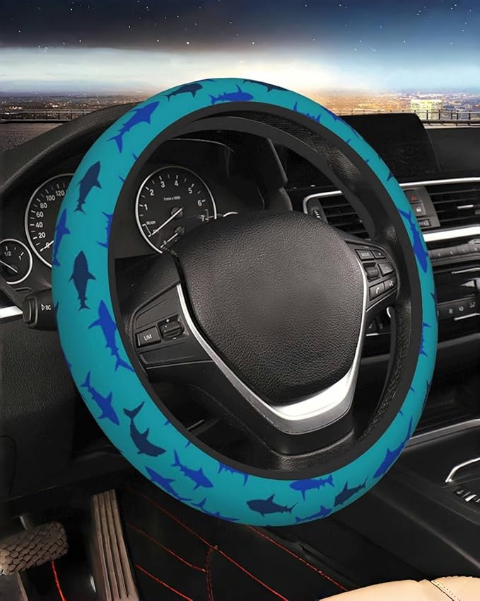 Steering Wheel Cover Accessories Neoprene Cover, Breathable Non-Slip Easy to Install Suitable for Women Men, 14.5-15.5 Inch for Car SUV Van Truck Universal - Cute Shark