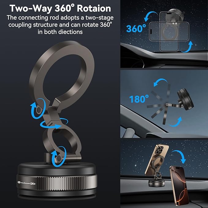ELUTENG Suction Cup Phone Mount for Magsafe 360° Vacuum Magnetic Phone Holder for Car Metal Strut Car Mount Compatible for iPhone 17 16 15 14 13 12 & Samsung Android Magsafe Case