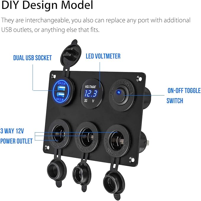 Linkstyle 6 in 1 Charger Socket Panel, 3 Cigarette Lighter Splitter with Dual USB Charger Ports & LED Voltmeter & Rocker Switch for 12V/24V Car RV Boat