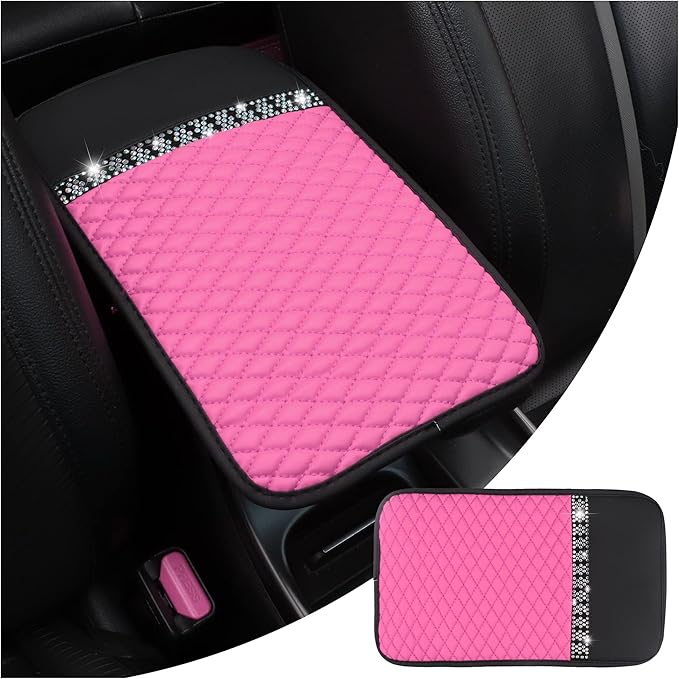 Bling Leather Car Armrest Box Cover,Car Center Console Protector with Colorful Crystal Rhinestones,Anti-Scratch Waterproof Car Armrest Seat Pad for Most Car,SUVs,Trucks (Pink)