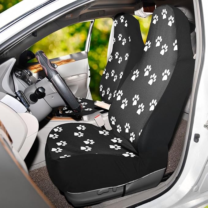 Paw Print Car Seat Covers Set of 2,White Animal Pet Claws on Black Background Universal Auto Front Seat Cushion Protector for Women Cute Animal Footprints Car Accessories Fit for Car Truck