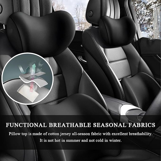 Car Headrest & Lumbar Support Cushion, Ergonomic Memory Foam Car Neck Back Support w/Removable Cover, Universal Breathable Lumbar Cushion Headrest Pillow with Adjusatble Strap (Black)