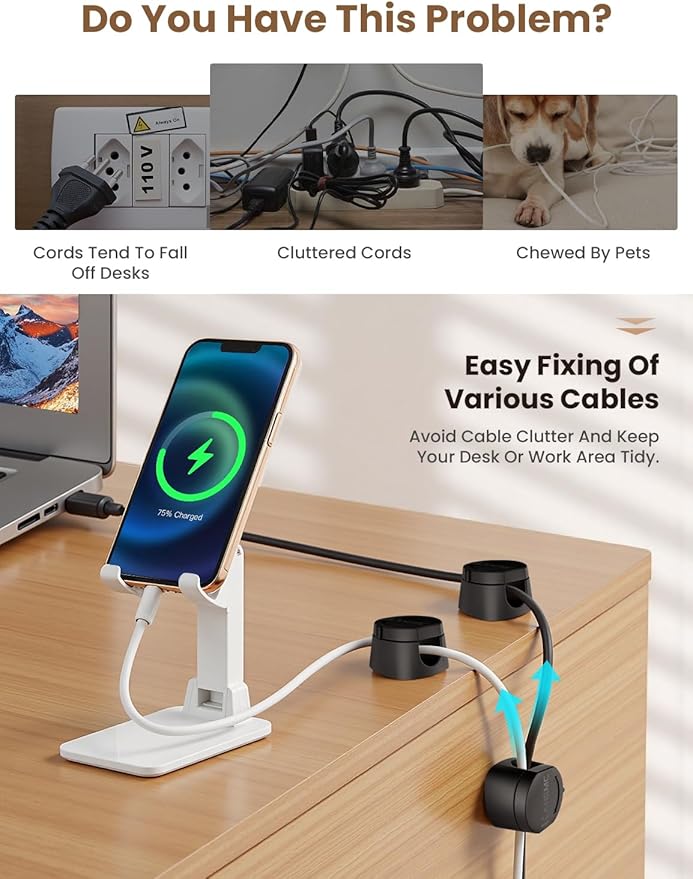 Kanemc Cable Clips Cord Holder for Desk, 360° Spin Magnetic Wire Organizer Self Adhesive Cord Management for Office Desks Cars Home Kitchen Electronic Accessory (Black, 6 PCS)