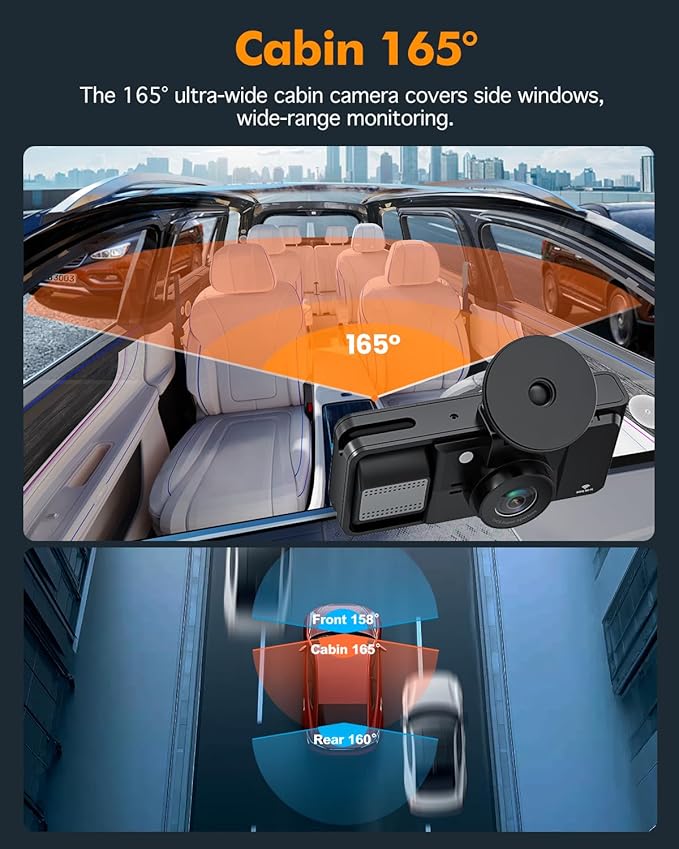 Real 4K 3 Channel Dash Cam Front and Rear Inside, STARVIS 2 HDR Sensor, 5.8GHz Wi-Fi GPS G-Sensor, 4K+1080P+1080P Dash Cam, 64GB Card Included, IR Night Vision, 3.3" IPS Screen, 24Hr Parking Monitor