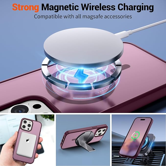 SUPFINE Magnetic for iPhone 15 Pro Case (Compatible with MagSafe) (Military Grade Drop Protection) Translucent Matte Shockproof Phone Case, Wine Red