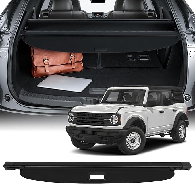 SCITOO Cargo Cover 2021-2024 Fit for Ford Bronco 2.3L 2021-2024 Fit for Ford Bronco 2.7L 2022-2024 Fit for Ford Bronco 3.0L Upgraded Retractable Rear Trunk Cover with Aluminum PVC&Plastic