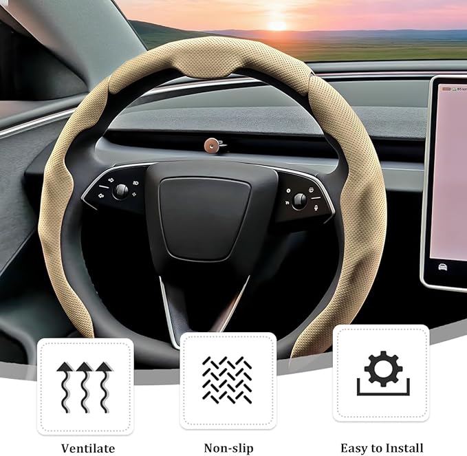 3PCS Car Steering Wheel Cover, Nappa Leather Breathable Non-Slip Segmented Steering Wheel Protector, Snap-on Auto Interior Decoration Accessories, Universal Fit (Beige)