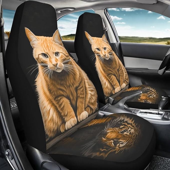 BIGCARJOB 2 Pcs Animal Car Seat Cover Set for Front Only,Funny Cat and Tiger Print Vehicle Bucket Seat Cushion Pads Auto Seat Protector for Men Women,Fit Most Cars,Sedan,Truck,SUV