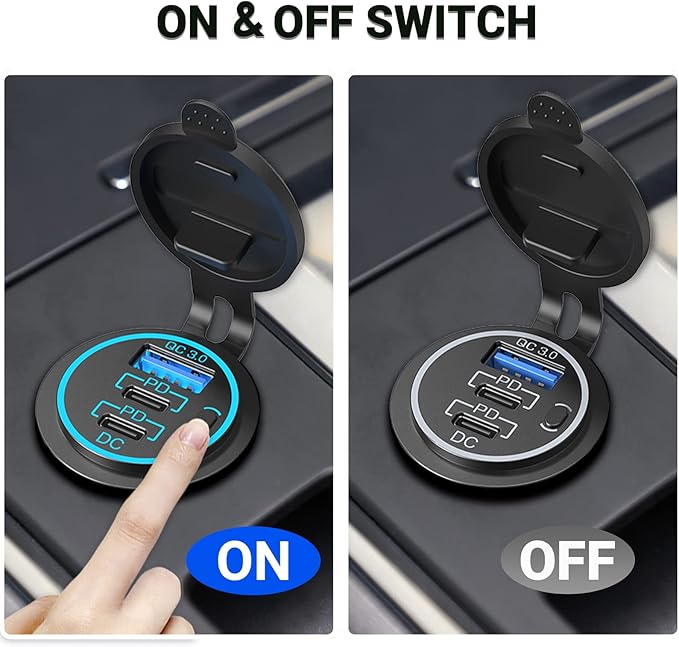 USB C Car Charger Socket 12V USB Outlet 2 Pack,78W RV USB Outlet Dual 30W PD USB-C and 18W QC3.0 Car USB Port with Button Switch Waterproof for Car RV Boat Marine Truck Motorcycle ect