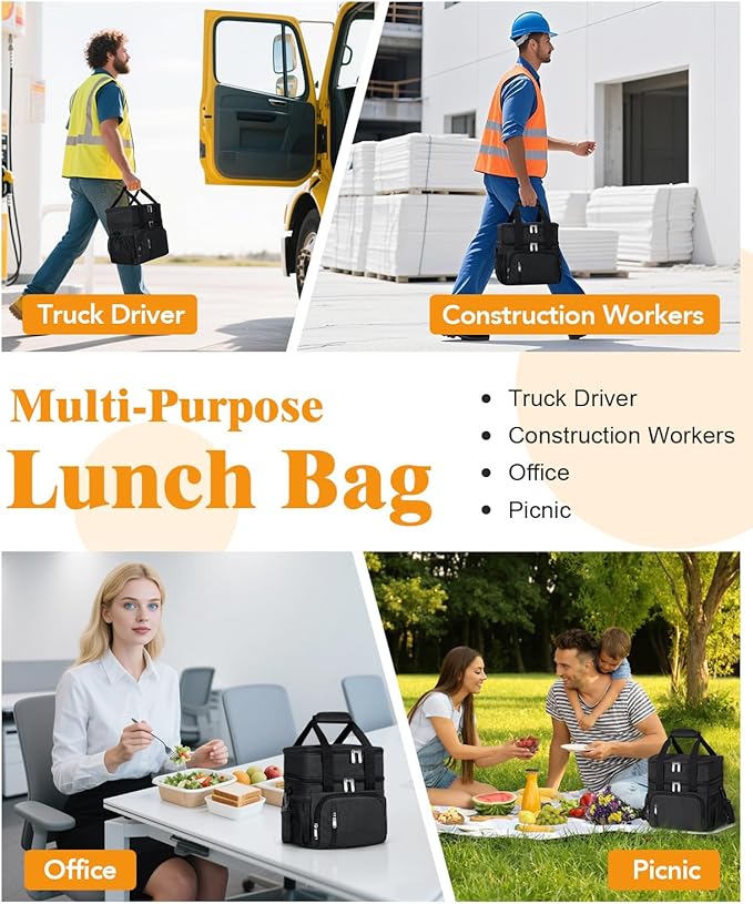 Insulated Lunch Bag for Men & Women, Double Leakproof Lunch Box Soft Cooler Tote with 5 Pockets, 600D Oxford, EVA Lining, Adjustable Strap for Work, Picnic, Beach&Travel-Black