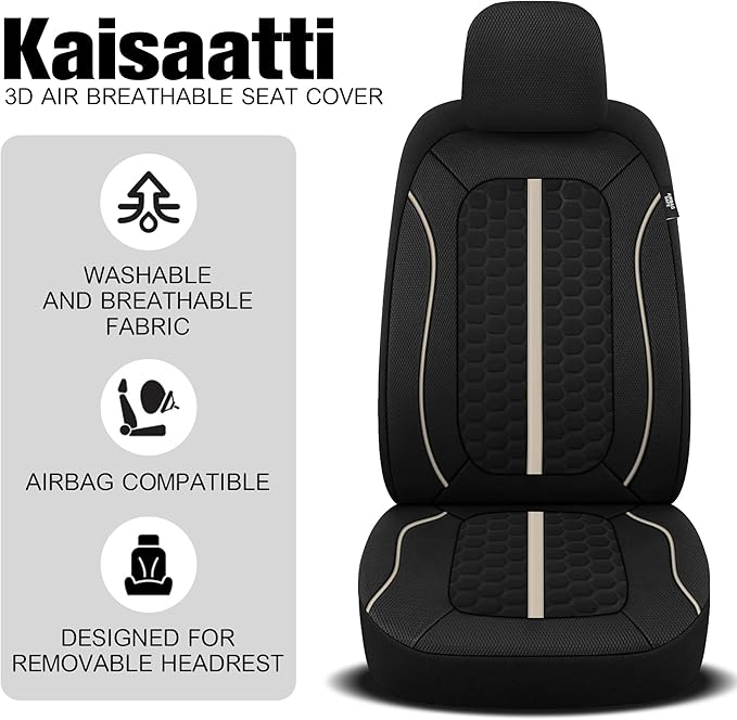 Breathable Premium Car Seat Covers Front Set，3D Air-Mesh Seat Covers for Cars，Comfortable Safety Airbag Compatible，Universal for Most Cars Sedan Truck SUV(Black/Beige)