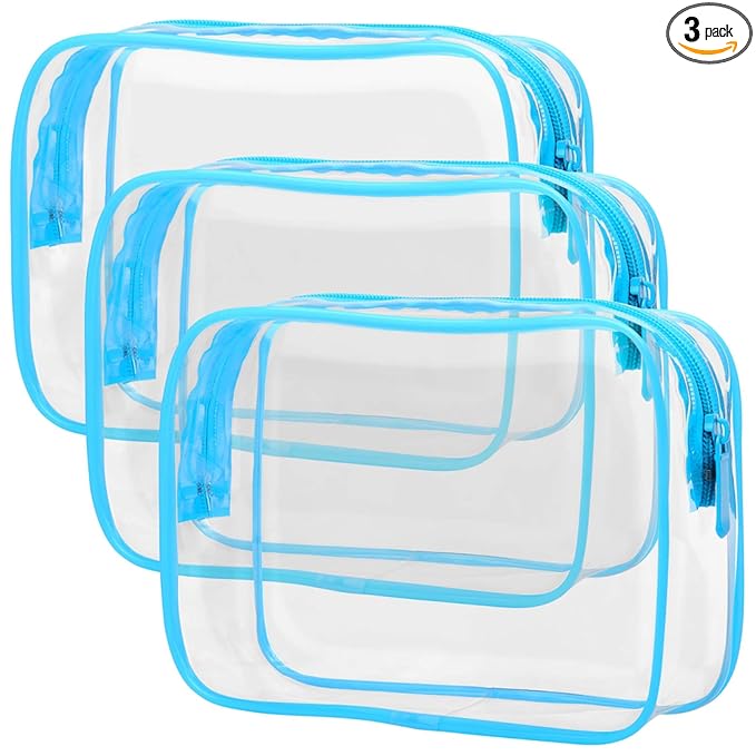 PACKISM Clear Makeup Bag - Waterproof TSA Approved Toiletry Bag Quart Size Bag, Clear Makeup Bags with Zipper, Carry on Airport Airline Compliant Pouch, 3 Pack, Blue