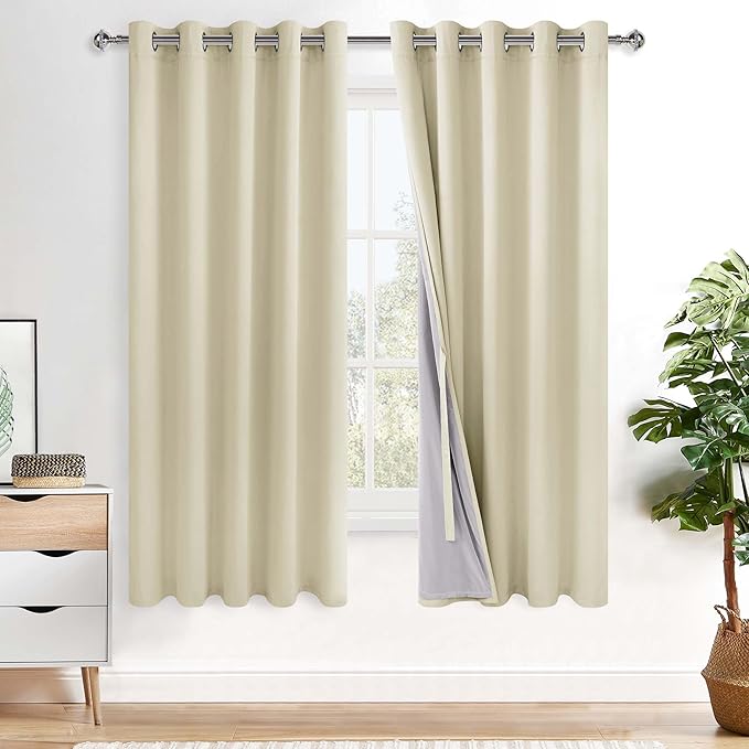 XWZO 100% Blackout Curtains - Heat and Full Light Blocking Drapes with Black Liner for Bedroom/Laundry Room, Grommet Top Window Panels with Tiebacks, Beige, W60 x L63, Set of 2