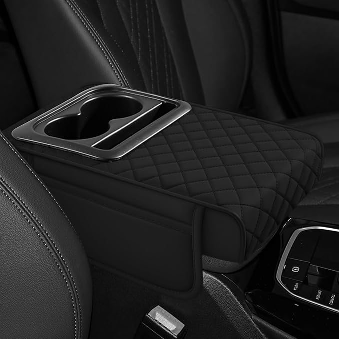 Hovom Car Center Console Cover, 13.39"×7.87"×2.76" Leather Armrest Cover for Cars, Memory Foam Armrest Pillow with Pocket, Cup Holder & Phone Slot, Universal Vehicle Arm Rest Cushion Pad (Black)