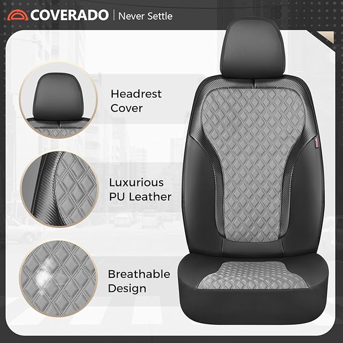 Coverado Car Seat Covers for Front Seats, Luxury Leather Car Seat Cover with Carbon Fiber Weave, Waterproof Automotive Seat Protectors 2-Pack, Driver Seat Covers Universal Fit Most Cars, Black&Gray