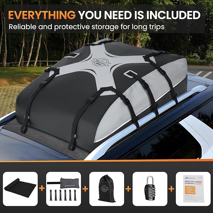 Sailnovo Rooftop Cargo Carrier Roof Bag,20 Cubic feet Soft PVC Waterproof Roof Bag for Most Vehicles with/Without Rack with Strap,Anti-Slip Mat,Padlock,Foldable Car Top Carrier for Road Trip Camping