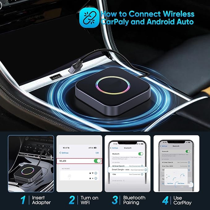 Sanpyl Wireless Car Play Adapter 6 in 1, 4G LTE Car Video Box with 4+64GB, for OS X Android, Dual App Functionality and Real Time Vehicle Tracking