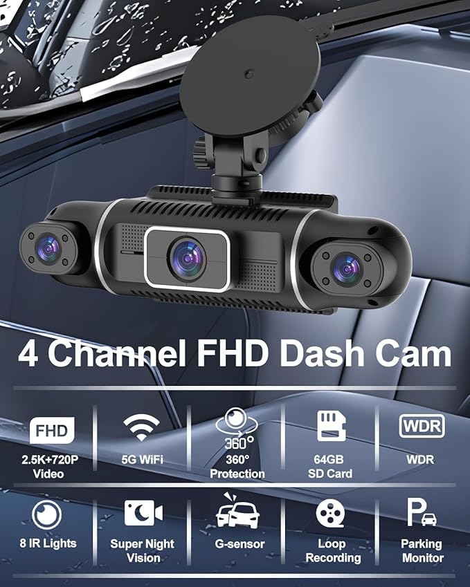 4 Channel Dash Cam Front and Rear Inside Left Right, 360° Dash Camera with 5GHz WiFi & App Control, 24H Parking Monitor, Super Night Vision, G-Sensor, Loop Recording, 64GB SD Card Included