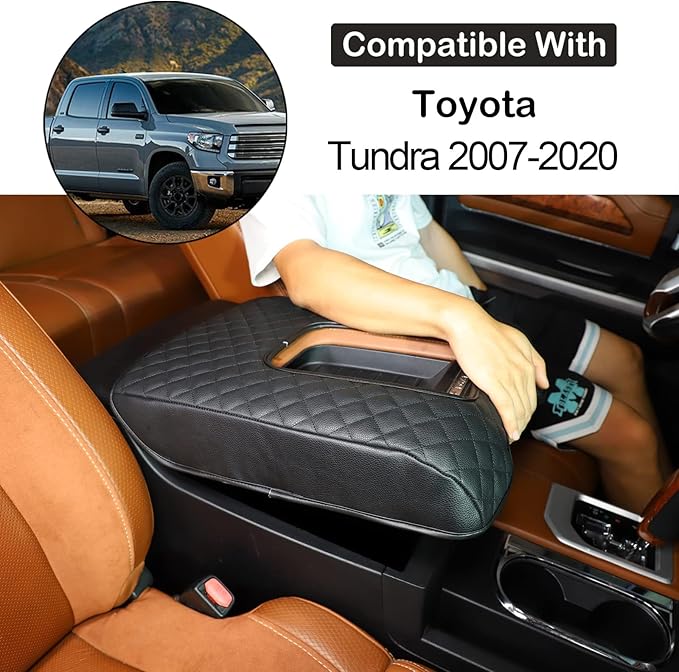 Aunginsy Leather Center Console Armrest Cover Compatible with Toyota Tundra 2014-2021, Car Armrest Pad Seat Box Cover Cushion Lid Anti-Scratch Protector Waterproof Plaid Black Interior Accessories