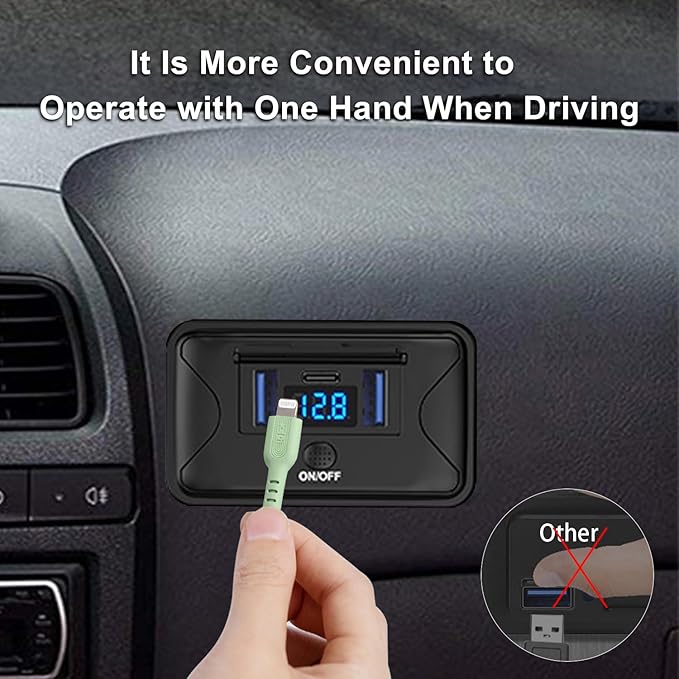 12V USB Outlet,72W Panel Wall Mount Fast Charging Car Charger,Multi Port Car USB Charger Adapter with LED Voltmeter and Switch,for Marine Boat RV Truck