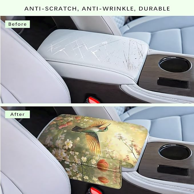 Car Center Console Cover with Side Pockets, Hummingbird Floral Soft Auto Armrest Cushion, Memory Foam Arm Rest Protector, Universal Seat Box Cover Car Interior Accessories