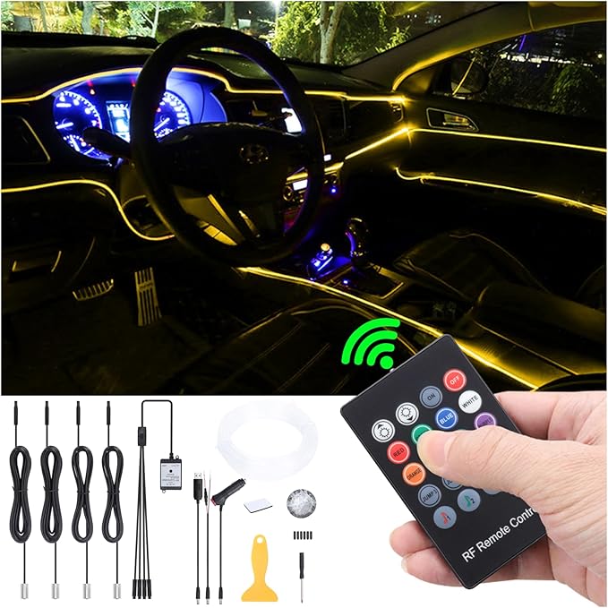 5 Meters Optic Fiber Car Ambient Lighting with RF Remote Control 8 Colors Multicoloured Music Interior Lighting Kit DC 12V 1W