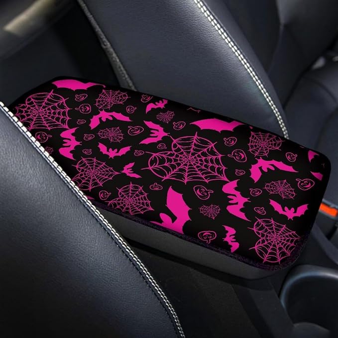 Dreaweet Purple Center Console Armrest Pad Cover Goth Car Accessories Interior Middle Console Cover Anti-Scratch Comfort Car Armrest Storage Box Mat,Love Heart Spider Web and Bats Decor