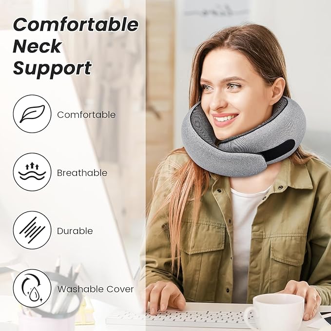 SZXYX Travel Pillows for Airplanes, 100% Pure Memory Foam Neck Pillow for Airplanes, Comfortable Breathable Cover, 360° Support Stowable Pillows for Sleeping, Car, Airport Travel Essentials, Max Grey