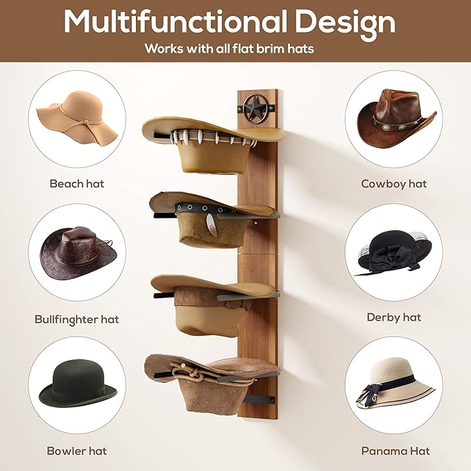 Hat Holder Rustic Wood Star Design – 2-Piece Organizer with Extra Wide Wooden Boards (12cm / 4.72"), 4-Hook Cowboy Hat Rack for Wall, Western Decor, Hat Storage Display Hanger