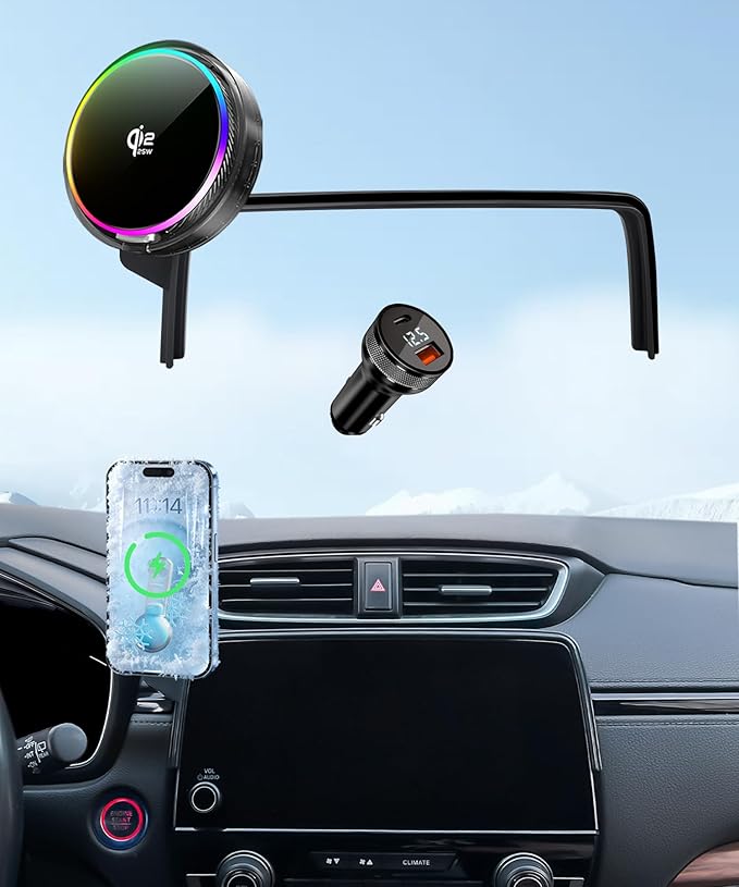 Qi2.2 25W Magnetic Car Mount Charger for 2017 2018 2019 2020 2021 2022 Honda CR-V Accessories,for Fast Charging Cell Phone Holder 5/7 Inch Screen Fixed Clip with Cooling Fan ＆54W Fast Adapter
