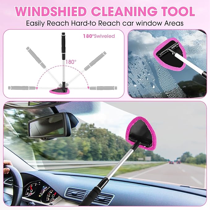Pink Windshield Cleaner Tool, Car Interior Cleaning Kit with Extendable Handle and 3 Reusable Microfiber Pads, Auto Glass Wiper and Detailing Brush Kit for Car & Home Window