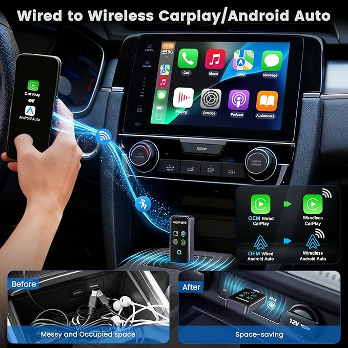 4-in-1 Screen Mirroring Adapter for Car – Mirror Phone to Car Screen (iPhone & Android), Wireless CarPlay Adapter with AirPlay & Mirror Link, Stream Videos, Plug & Play, Stable Connection