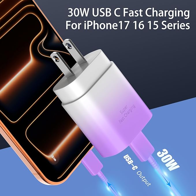 Phone 17 16 15 Charger Fast Charging,30W USB C Phone 17 16 15 Pro Max Charger Block&10FT Long Type C Cable Cord for i.Phone 17/17 Air/17 Pro/17 Pro Max/16/16 ProMax/15/15 Pro Max,Purple Gradient